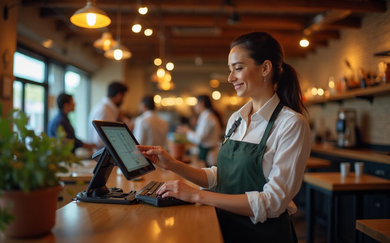 Restaurant cashier using UpRestro POS system Restaurant cashier using UpRestro POS system